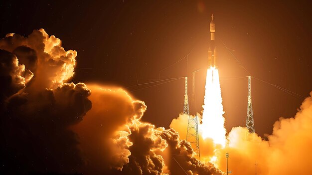 A powerful rocket launches into the night sky leaving a trail of fire and smoke behind