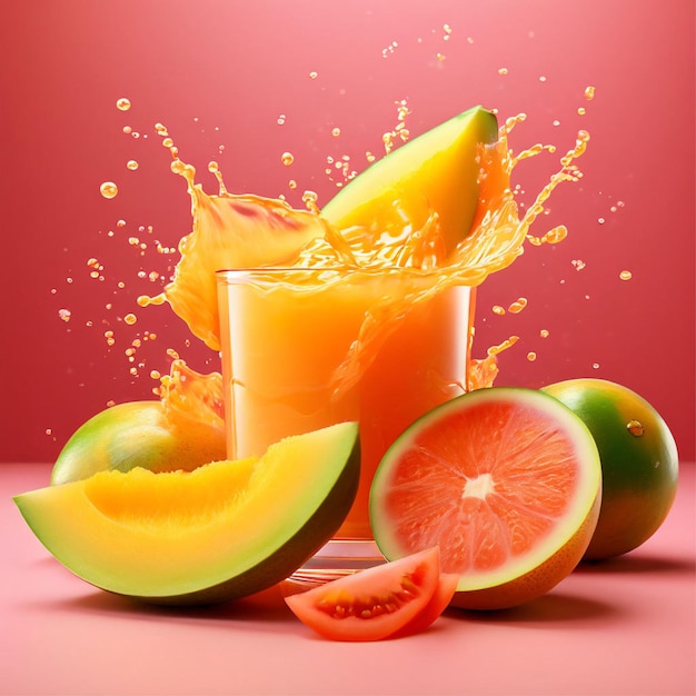 a powerful splash of fresh mango juice with whole and sliced tomatoes on salmon pink background