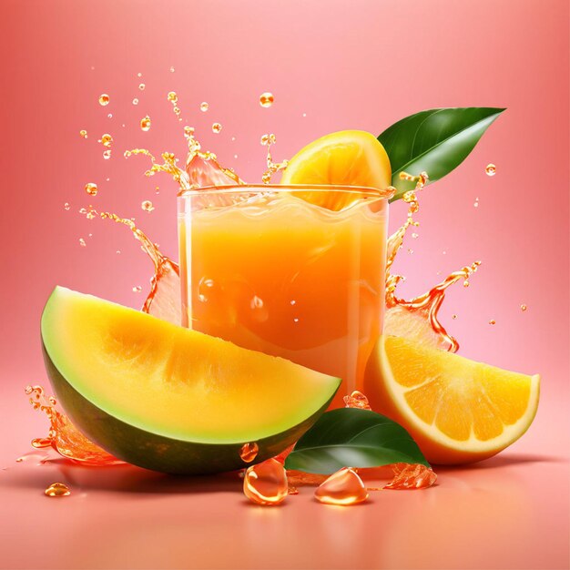 a powerful splash of fresh mango juice with whole and sliced tomatoes on salmon pink background