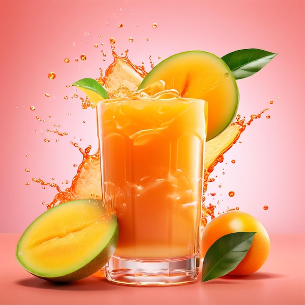 a powerful splash of fresh mango juice with whole and sliced tomatoes on salmon pink background