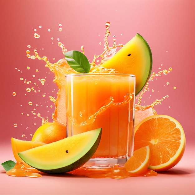 a powerful splash of fresh mango juice with whole and sliced tomatoes on salmon pink background