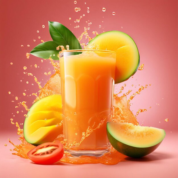 a powerful splash of fresh mango juice with whole and sliced tomatoes on salmon pink background