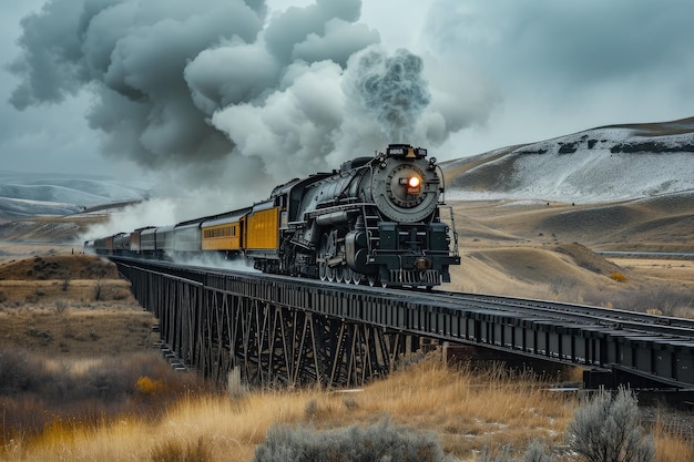 Powerful Steam Locomotive Crossing the Water