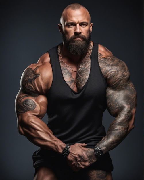 Photo powerful stylish bodybuilder tattoo on his body isolated on dark black background