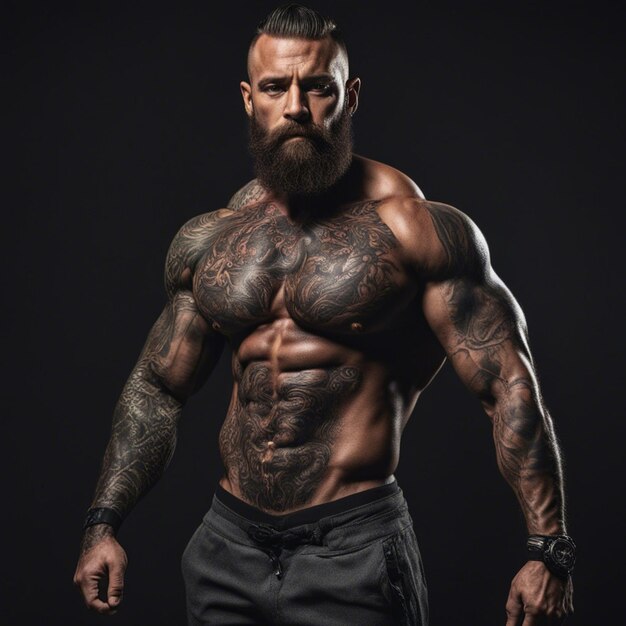 powerful stylish bodybuilder tattoo on his body isolated on dark black background