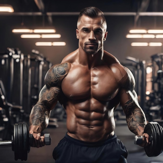 Powerful stylish bodybuilder with tattoo on his arm doing the exercises with dumbbells