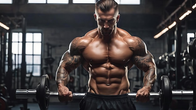 Powerful stylish bodybuilder with tattoo on his arm doing the exercises with dumbbells