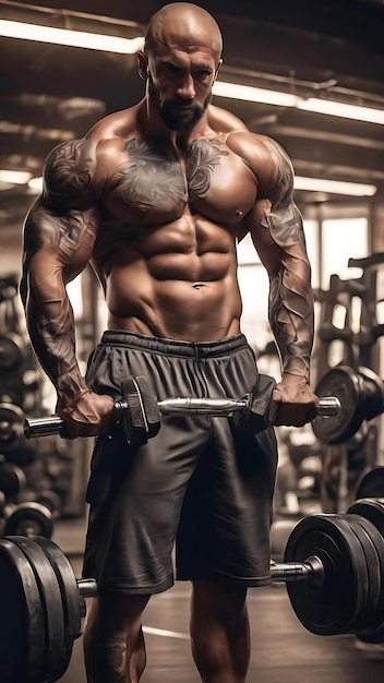 Powerful stylish bodybuilder with tattoo on his arm doing the exercises with dumbbells