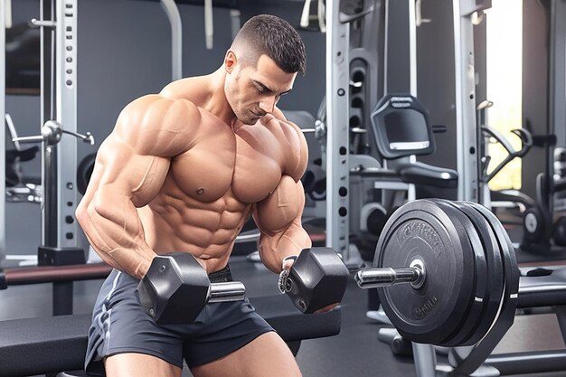 powerful stylish bodybuilder with tattoo on his arm doing the exercises with dumbbells