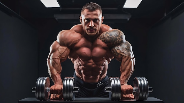 Powerful stylish bodybuilder with tattoo on his arm posing with dumbbells in a studio