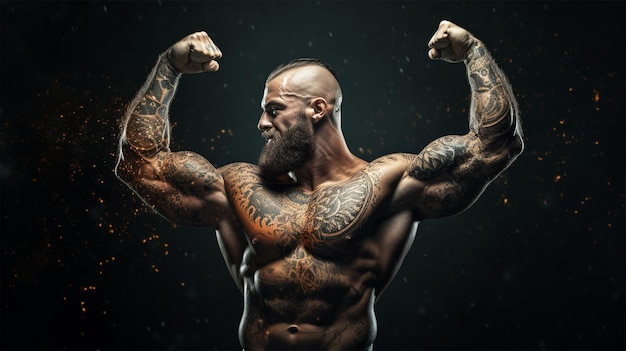 Photo powerful stylish bodybuilder with tattoo on his arm