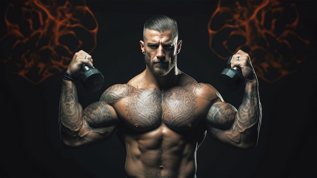 Photo powerful stylish bodybuilder with tattoo on his arm