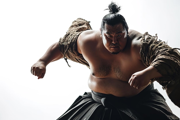 powerful sumo wrestler in fighting pose on white background