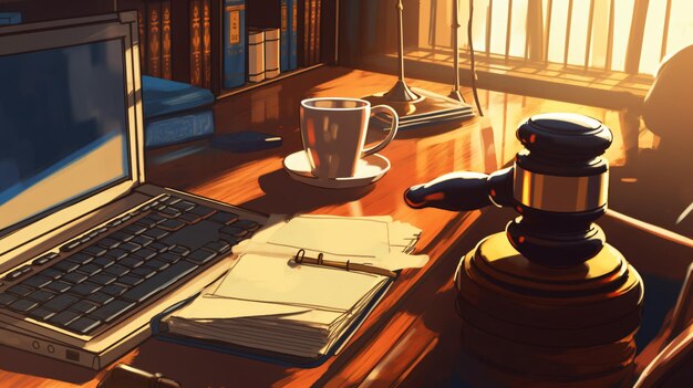 Photo powerful tools for the modern lawyer a laptop and gavel on the desk generative ai