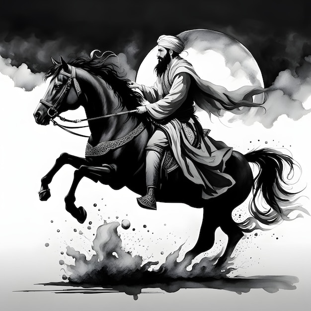 単純なブラックインク絵画のスタイルで剣士と馬に乗った強力なベクター・スフィー男