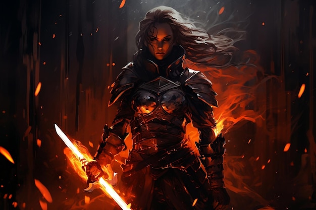 Powerful Warrior Woman in Elaborate Armor Brandishing Enchanted Sword Generative AI