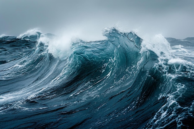 雲の多い日大きな波が海の岩の崖にぶつかり劇的な噴水と泡の現れを生み出します 海の波の頂点と底部の詳細な研究 AIが作成しました