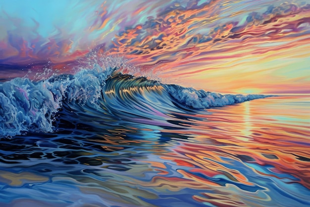 A powerful wave crashes onto the shore with great force creating a spectacular display of oceanic energy Detailed painting of ocean waves reflecting a colorful sunrise AI Generated