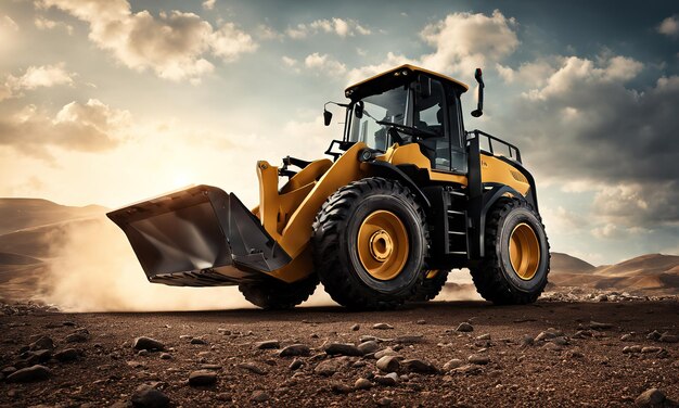 Powerful wheel loader or bulldozer isolated on sky background