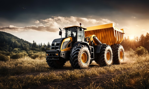 Powerful wheel loader or bulldozer isolated on sky background