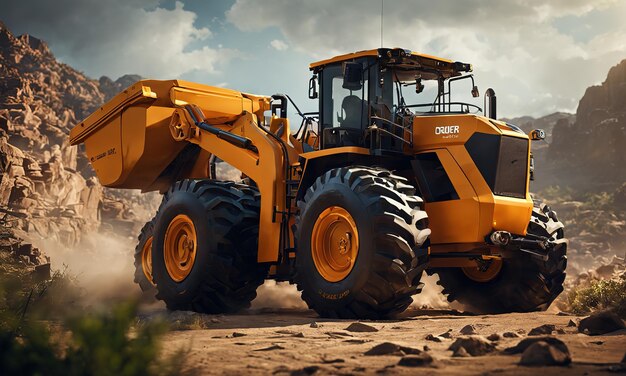Powerful wheel loader or bulldozer isolated on sky background
