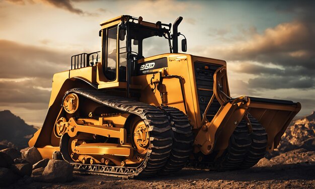 Powerful wheel loader or bulldozer isolated on sky background