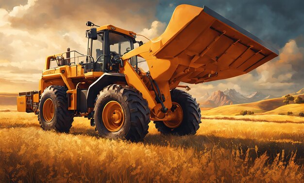 Powerful wheel loader or bulldozer isolated on sky background