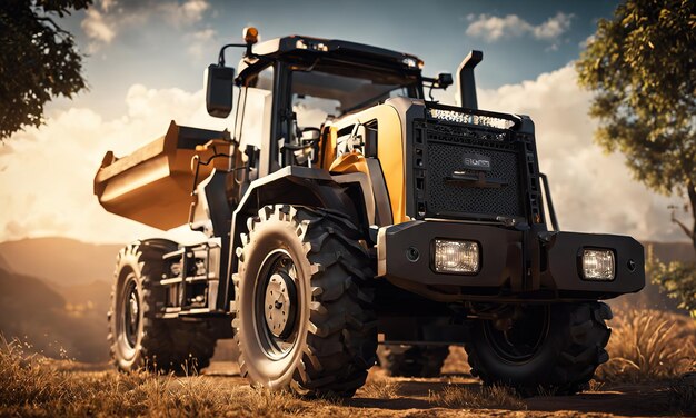 Powerful wheel loader or bulldozer isolated on sky background