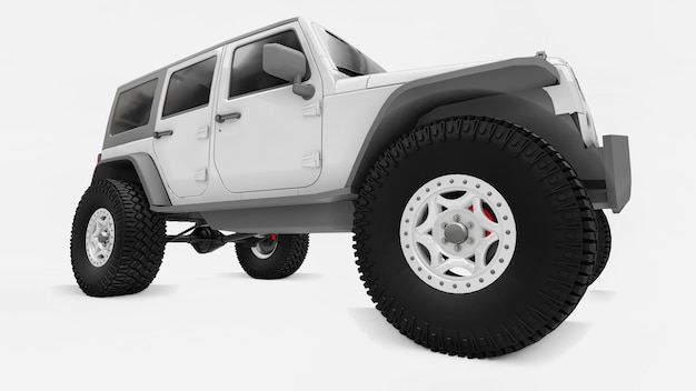 Powerful white tuned SUV for expeditions in mountains swamps desert and any rough terrain on white