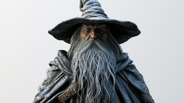 Photo a powerful wizard stands in a gray cloak his face hidden by a long white beard and a tall pointed hat