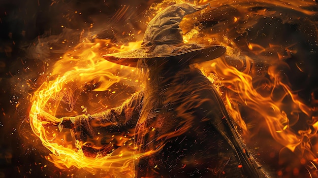 강력한 마법사는 불타는 불의 한가운데에 서 있습니다. 그는 긴 검은 옷과 높은 니 모자를 입고 있습니다.