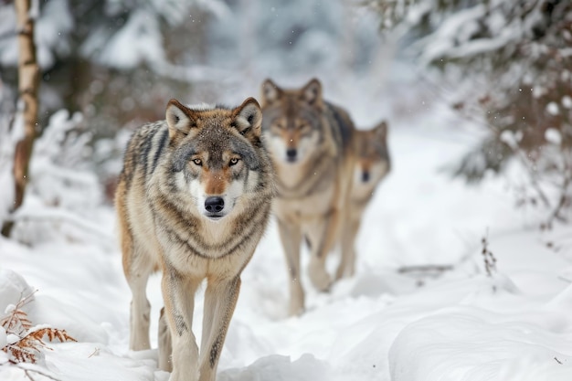 Powerful wolves in a snowy wilderness Encounter the majestic presence of wolves as they navigate the pristine expanse of a snowy wilderness