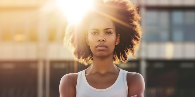 Photo powerful woman showcasing strength and determination as sunshine illuminates her presence