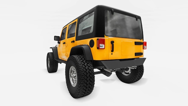 산, 늪, 사막 및 모든 거친 지형에서의 탐험을 위한 강력한 노란색 튜닝 SUV. 큰 바퀴, 가파른 장애물을 위한 리프트 서스펜션. 3d 렌더링.
