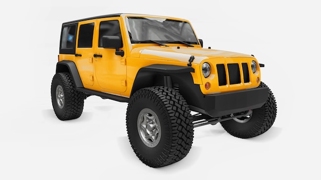 Powerful yellow tuned SUV for expeditions in mountains, swamps, desert and any rough terrain. Big wheels, lift suspension for steep obstacles. 3d rendering.