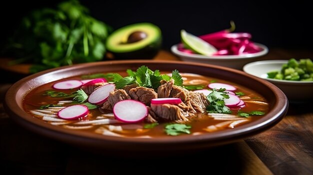 Photo pozole hearty mexican soup with hominy and pork