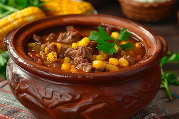 Pozole with mote big corn stew from mexico in cooking pot