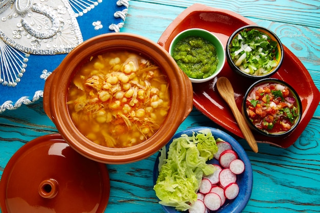 Photo pozole with mote big corn stew from mexico