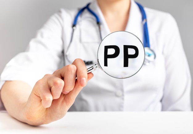 PP vitamin word acronym through magnifying glass