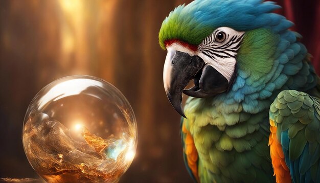 Pparrot holding a crystal ball shot in dramatic warm lighting to highlight the parrot