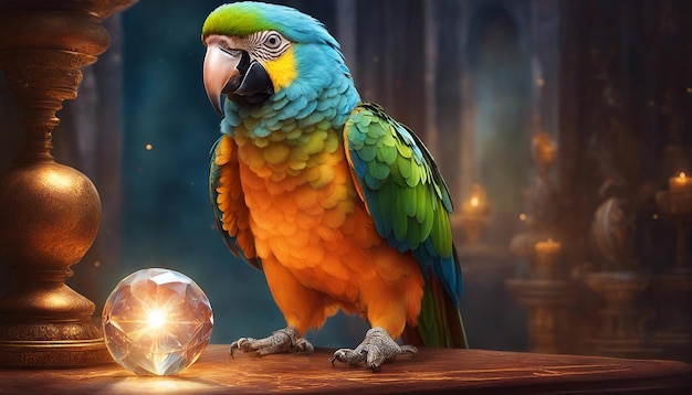 Pparrot holding a crystal ball shot in dramatic warm lighting to highlight the parrot