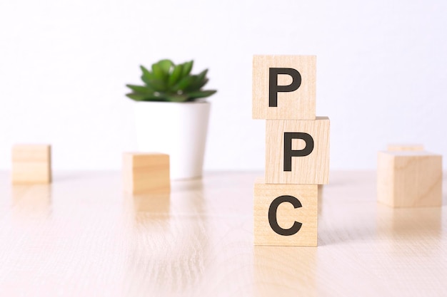 PPC Pay Per Click text on wooden cubes on a white background