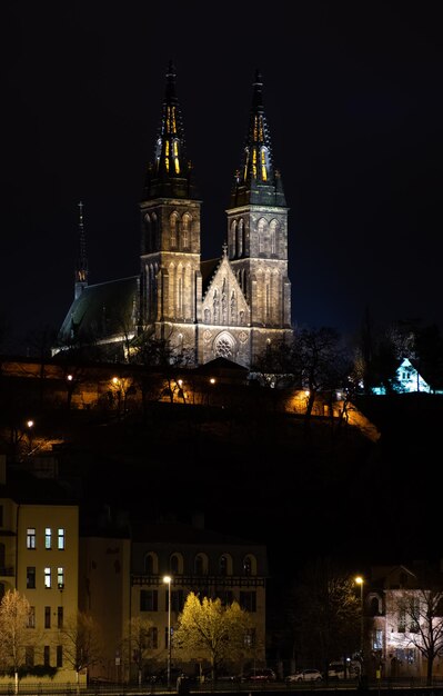 Praag bij nacht, Basiliek van Heiligen Peter en Paul in Vysehrad, stadsbeeld
