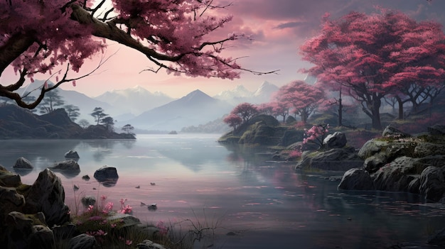 Prachtig 3D natuur- en landschapsbehang Japans park met kersenbloesemboom