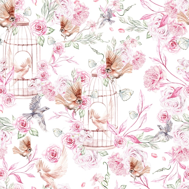 Prachtig aquarelpatroon met vogels en bloemen en vogelkooi