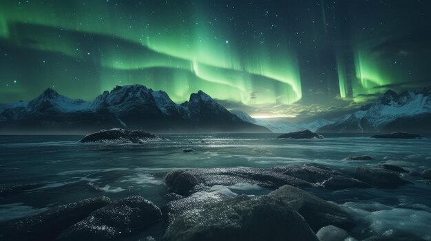 Prachtig aurora-realisme over arctisch rotsachtig zeegezicht Realistische illustratie Al gegenereerd