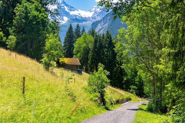Prachtig autovrij bergdorp Wengen, Berner Oberland, Zwitserland. De Jungfrau is zichtbaar op de achtergrond