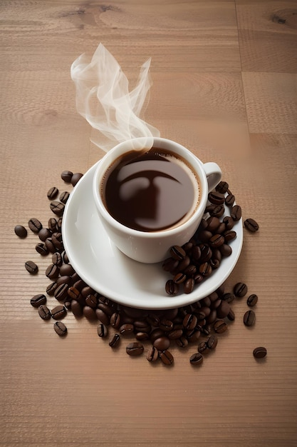 Prachtig beeld van een koffiekopje op een tafel met koffiebonen voor internationaal koffiedagbehang