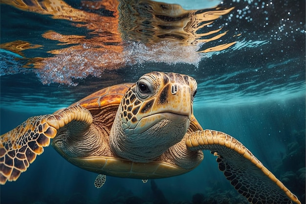 Prachtig behang met als thema natuur hoge resolutie uitgestrekte oceaan grote schildpad zeeleven verbazingwekkende onderwaterwereld longliver groot plan fotorealistische digitale kunst AI