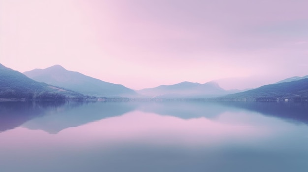 Prachtig bergmeer en natuurlijke omgeving op de ochtendachtergrond Rustige paarsroze zonsondergang sfeerverlichting in panoramisch bergachtig en natuurlandschap aan de oever van het meer Pittoreske generatieve AI